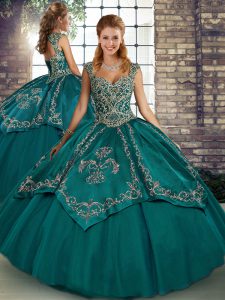 Shining Floor Length Lace Up 15 Quinceanera Dress Teal for Military Ball and Sweet 16 and Quinceanera with Beading and Embroidery