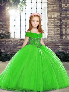 Hot Sale Green Straps Neckline Beading Little Girls Pageant Gowns Sleeveless Lace Up