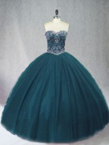 Flare Peacock Green Lace Up Sweetheart Beading Vestidos de Quinceanera Tulle Sleeveless