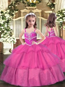 Floor Length Lace Up Little Girl Pageant Dress Lilac for Party and Wedding Party with Beading and Ruffled Layers