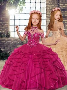 Hot Sale Fuchsia Beading and Ruffles Little Girl Pageant Gowns Lace Up Tulle Sleeveless Floor Length