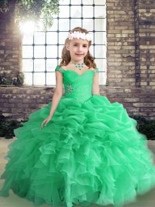 Fantastic Straps Sleeveless Lace Up Pageant Gowns For Girls Apple Green Organza