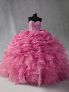 Rose Pink Organza Lace Up Sweetheart Sleeveless Floor Length Quince Ball Gowns Beading and Ruffles and Pick Ups