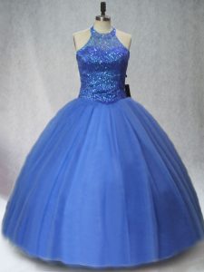 Ball Gowns Ball Gown Prom Dress Blue Halter Top Tulle Sleeveless Floor Length Lace Up