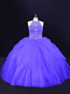 Ball Gowns Sweet 16 Quinceanera Dress Purple Halter Top Tulle Sleeveless Floor Length Lace Up