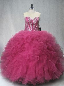 Superior Coral Red Tulle Lace Up Quinceanera Gown Sleeveless Floor Length Beading and Ruffles
