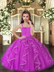 Stunning Purple Tulle Lace Up Straps Sleeveless Floor Length Kids Formal Wear Ruffles