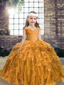 Gold Girls Pageant Dresses Party and Wedding Party with Beading and Ruffles Straps Sleeveless Lace Up