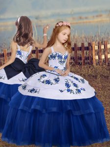 Nice Blue Tulle Lace Up Straps Sleeveless Floor Length Child Pageant Dress Embroidery