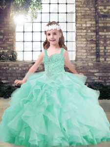 Classical Apple Green Sleeveless Beading and Ruffles Floor Length Custom Made Pageant Dress