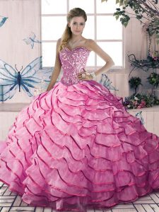 Super Pink Organza and Tulle Lace Up Quinceanera Dress Sleeveless Floor Length Beading and Ruffles