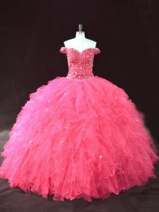 Unique Floor Length Lace Up Quince Ball Gowns Hot Pink for Sweet 16 and Quinceanera with Beading and Ruffles