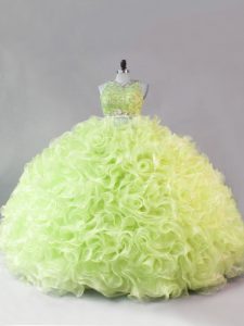 Fabric With Rolling Flowers Scoop Sleeveless Zipper Beading and Ruffles Quinceanera Dresses in Yellow Green