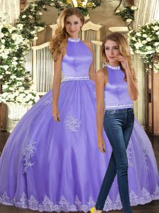 Lavender Tulle Backless Halter Top Sleeveless Floor Length 15th Birthday Dress Appliques