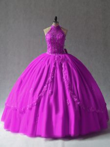 New Arrival Halter Top Sleeveless Lace Up Sweet 16 Quinceanera Dress Fuchsia Tulle