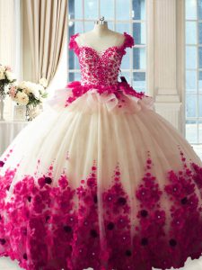 Amazing Fuchsia Ball Gowns Hand Made Flower Vestidos de Quinceanera Zipper Tulle Sleeveless