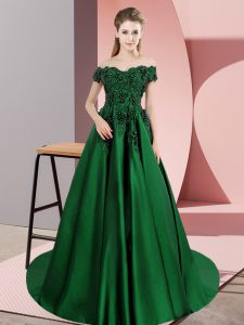 Customized Dark Green Sweet 16 Dress Off The Shoulder Sleeveless Court Train Zipper