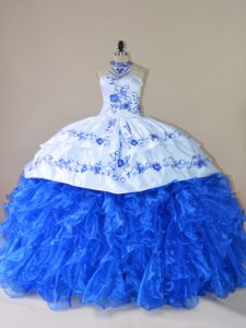 Excellent Royal Blue Quinceanera Dress Sweet 16 and Quinceanera with Embroidery and Ruffles Halter Top Sleeveless Court Train Lace Up