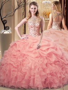 Chic Floor Length Peach 15 Quinceanera Dress Scoop Sleeveless Lace Up