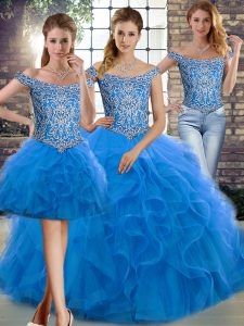 Luxury Blue Three Pieces Off The Shoulder Sleeveless Tulle Brush Train Lace Up Beading and Ruffles 15 Quinceanera Dress