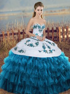 Modern Blue And White Organza Lace Up Sweetheart Sleeveless Floor Length Quinceanera Dress Embroidery and Ruffled Layers and Bowknot