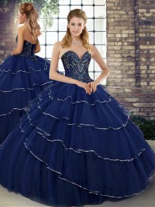 Extravagant Tulle Sweetheart Sleeveless Brush Train Lace Up Beading and Ruffled Layers Sweet 16 Quinceanera Dress in Navy Blue
