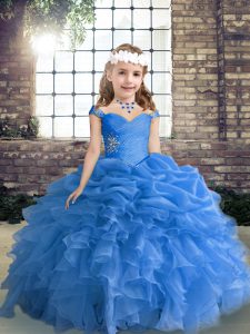Floor Length Blue Little Girls Pageant Dress Wholesale Organza Sleeveless Beading and Ruffles and Pick Ups