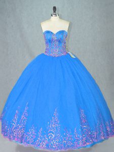 Fancy Sleeveless Floor Length Beading and Embroidery Lace Up 15 Quinceanera Dress with Blue