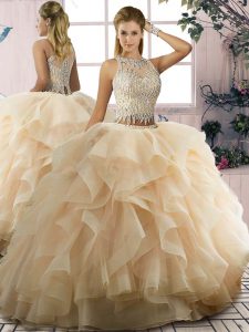 Ruffles 15 Quinceanera Dress Champagne Lace Up Sleeveless Floor Length