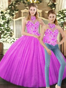 Custom Made Tulle Halter Top Sleeveless Lace Up Embroidery 15 Quinceanera Dress in Lilac