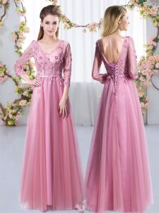 Tulle V-neck 3 4 Length Sleeve Lace Up Lace and Appliques Damas Dress in Pink