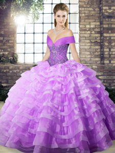 Excellent Off The Shoulder Sleeveless Organza Quinceanera Dress Beading and Ruffled Layers Brush Train Lace Up