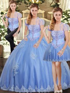 Light Blue Three Pieces Strapless Sleeveless Tulle Floor Length Lace Up Beading and Appliques Sweet 16 Dress