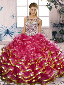 Fuchsia Organza Lace Up Scoop Sleeveless Floor Length Sweet 16 Dress Beading and Ruffles