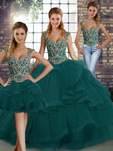 Pretty Peacock Green Tulle Lace Up Straps Sleeveless Floor Length Vestidos de Quinceanera Beading and Ruffles