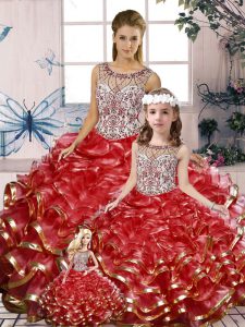 Popular Sleeveless Floor Length Beading and Ruffles Lace Up Quinceanera Dress with Red