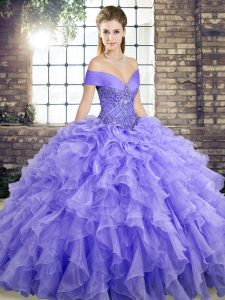 Fabulous Beading and Ruffles Sweet 16 Quinceanera Dress Lavender Lace Up Sleeveless Brush Train