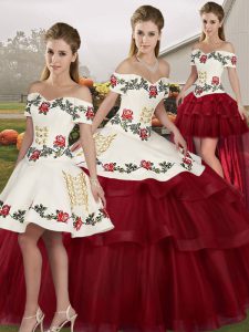 Embroidery and Ruffled Layers Quinceanera Dresses Wine Red Lace Up Sleeveless Brush Train