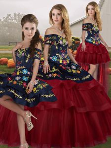 Delicate Wine Red Ball Gowns Tulle Off The Shoulder Sleeveless Embroidery and Ruffled Layers Lace Up 15 Quinceanera Dress Brush Train