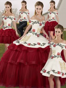 Lovely Wine Red Lace Up Quince Ball Gowns Embroidery and Ruffled Layers Sleeveless Brush Train
