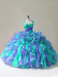 Glittering Multi-color Ball Gown Prom Dress Sweet 16 and Quinceanera with Beading and Ruffles Straps Sleeveless Zipper