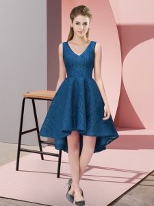 V-neck Sleeveless Dama Dress for Quinceanera High Low Lace Navy Blue Lace