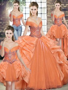 Ideal Orange Ball Gowns Organza Off The Shoulder Sleeveless Beading and Ruffles Floor Length Lace Up Quinceanera Dress