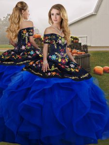 Trendy Off The Shoulder Sleeveless 15 Quinceanera Dress Floor Length Embroidery and Ruffles Blue And Black Tulle