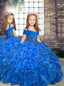 Hot Selling Sleeveless Floor Length Beading and Ruffles Lace Up Girls Pageant Dresses with Blue