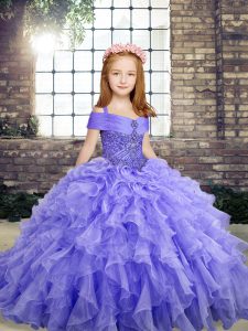 Lavender Organza Lace Up Kids Formal Wear Sleeveless Floor Length Beading and Ruffles