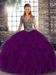 Customized Beading and Ruffles Quinceanera Dress Purple Lace Up Sleeveless Floor Length