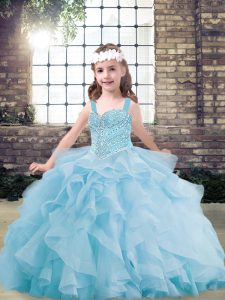 Light Blue Ball Gowns Straps Sleeveless Tulle Floor Length Lace Up Beading and Ruffles Little Girls Pageant Gowns