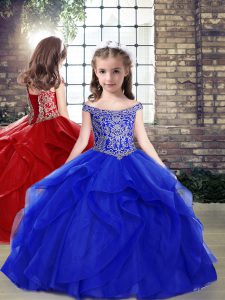 Pretty Royal Blue Ball Gowns Beading Little Girls Pageant Dress Wholesale Lace Up Organza Sleeveless Floor Length