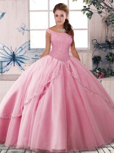 Inexpensive Rose Pink Sleeveless Brush Train Beading Sweet 16 Quinceanera Dress